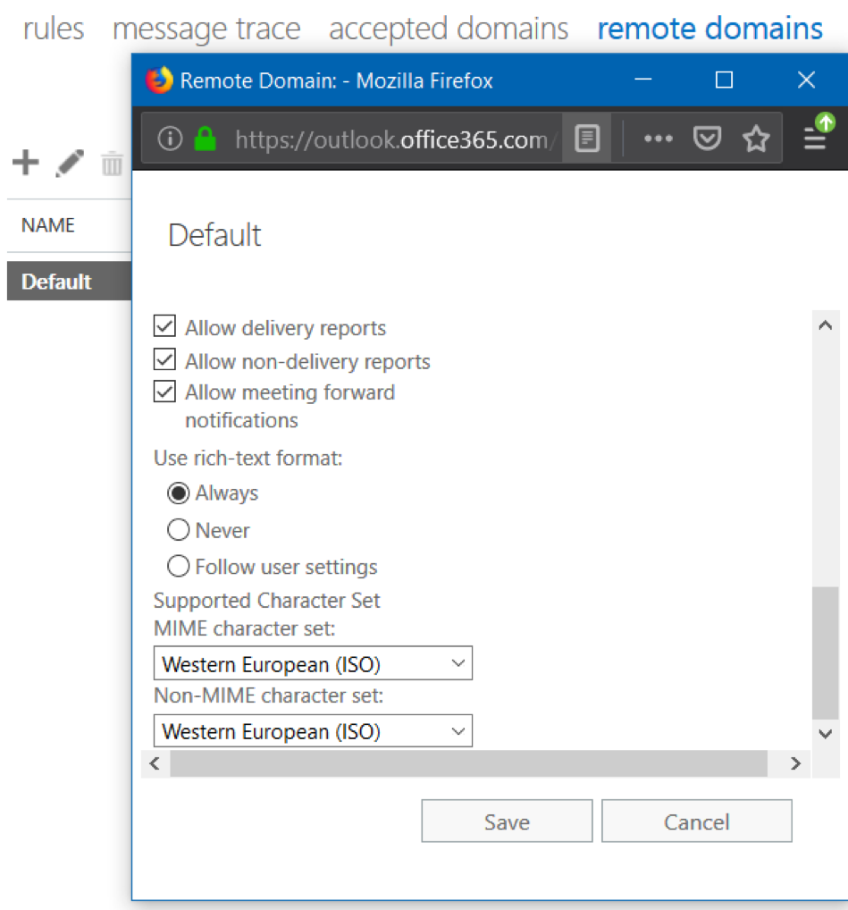 Office 365 Remote Domains Settings